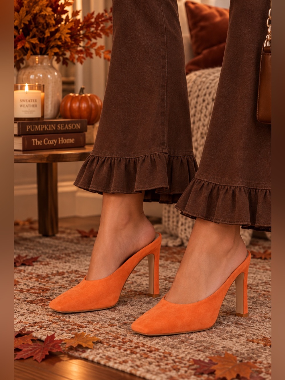 MIISTA Spain Orange Suede Leather Square Toe Slip On Mules SIZE 9